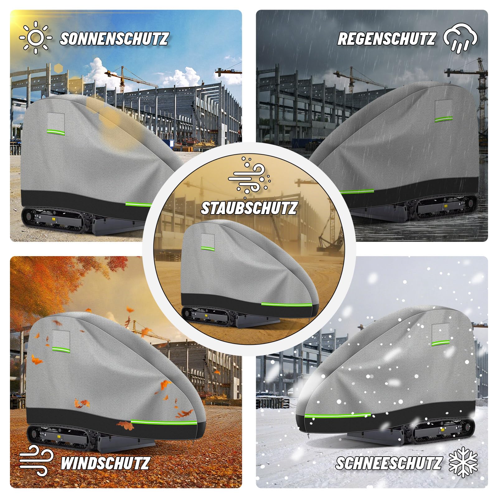 Housse Mini Excavatrice, 420D PU Imperméable Respirante pour 800-1600kg avec Fenêtre d'Aération, Fermeture éclair, Réflecteurs, Boucles Coupe-Vent et Cordon de Serrage, Bâche D'Excavatrice