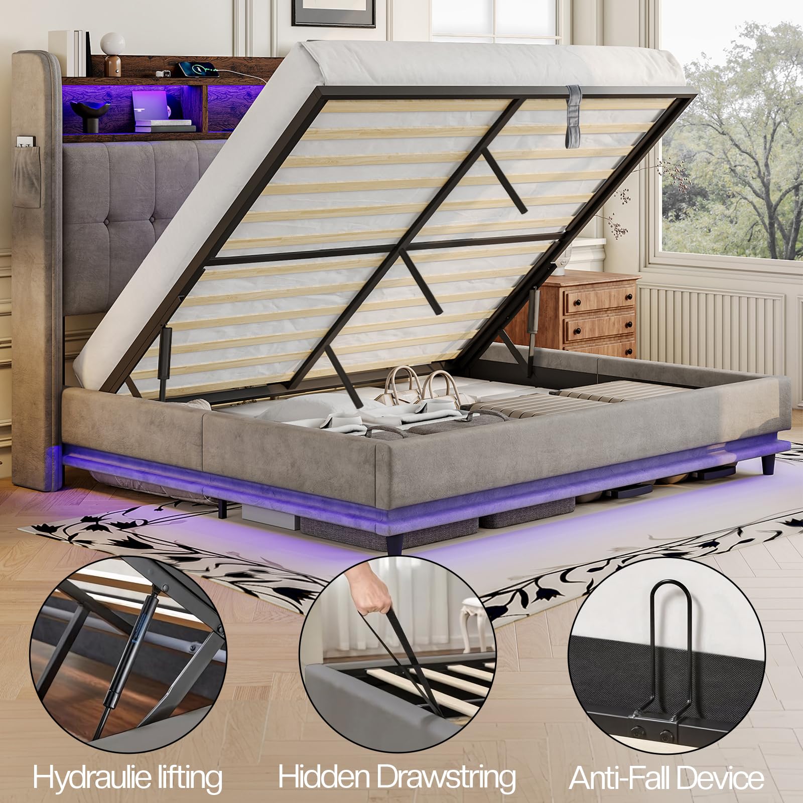 Amazon｜Jocisland クイーンサイズ ベッドフレーム 油圧式リフトアップ