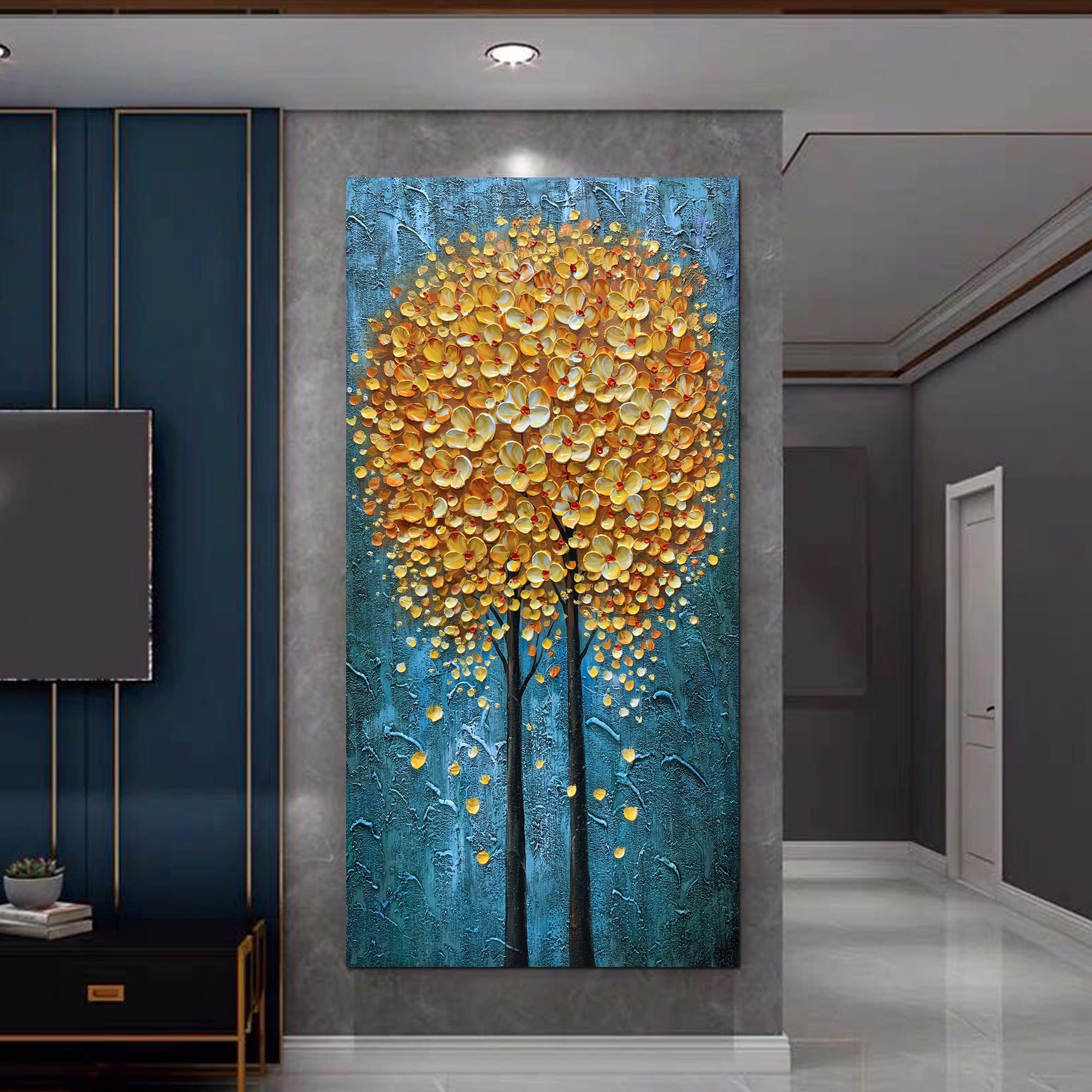 Photo 1 of Yotree Paintings, 24x48 Inch Paintings Yellow Flowers Oil Hand Painting 3D Hand-Painted On Canvas Abstract Artwork Art Wood Inside Framed Hanging Wall Decoration Abstract Painting