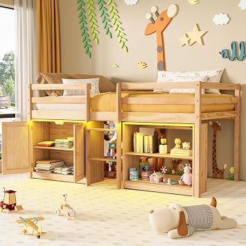 TOLEAD Wood Loft Bed for Kids, Low Loft Bed Twin Size with Storage Cabinet, Shelf and LED Lights, Wooden Kids Loft Bed with 14" H Safety Guardrail, Ladder and Under-Bed Play Space, Natural Wood
