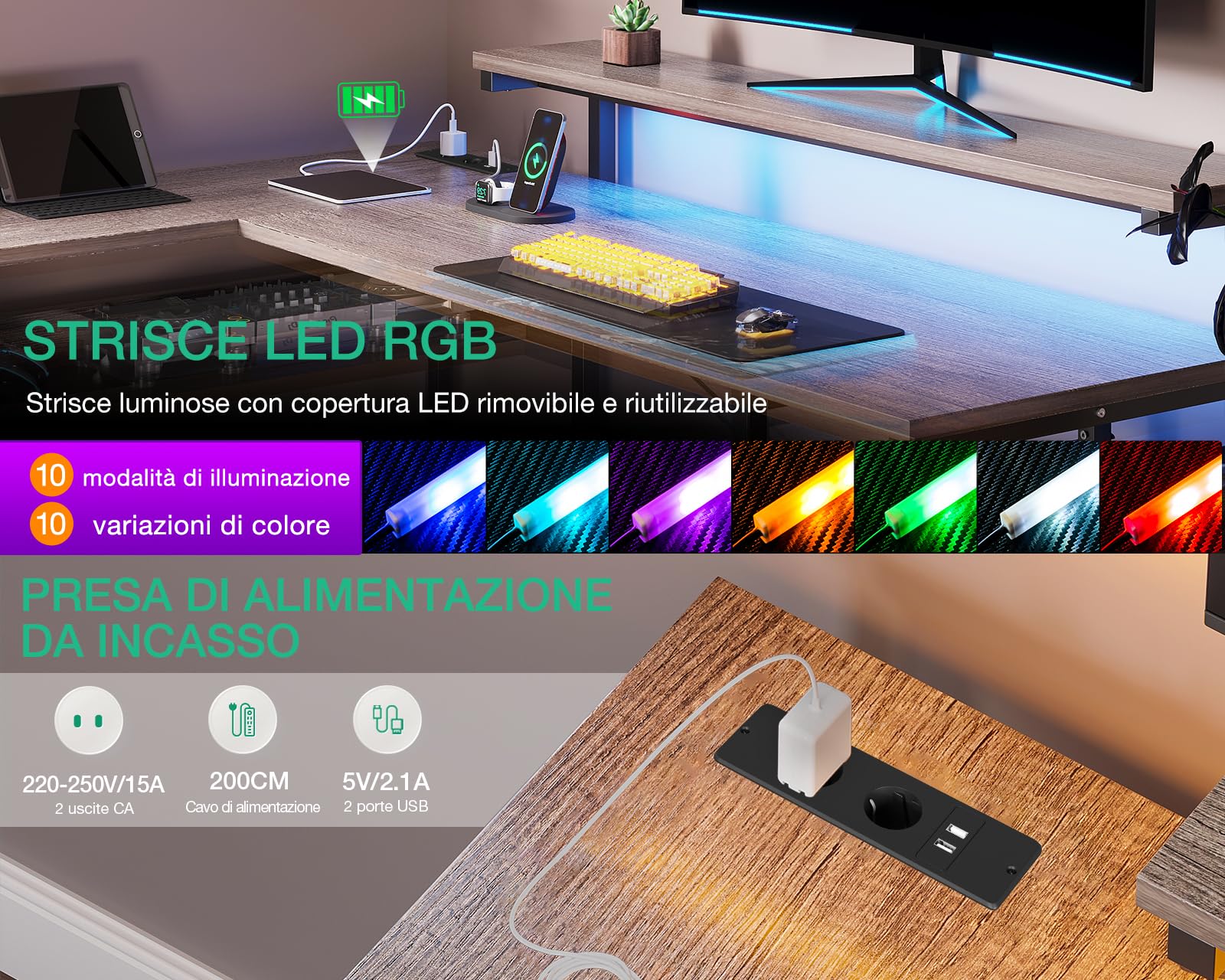 Scrivania ODK ad Angolo Reversibile con 2 Prese e 2 Porte USB, L con LED per Ufficio a Casa 135×110 cm (Roble Gris)