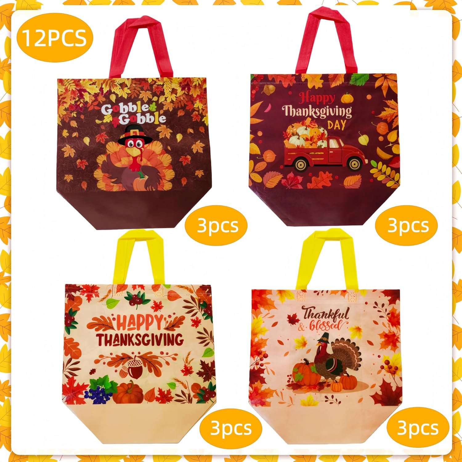 YVAINE 12 Pcs Thanksgiving Day Turkey Gobble Gift Bags,Happy Thanksgiving Non-Woven Reusable Bags Give Thanks Maple Leaves Pumpkin Treat Tote Bags for Fall Giving Thanks Friendsgiving Party Supplies - Image 3
