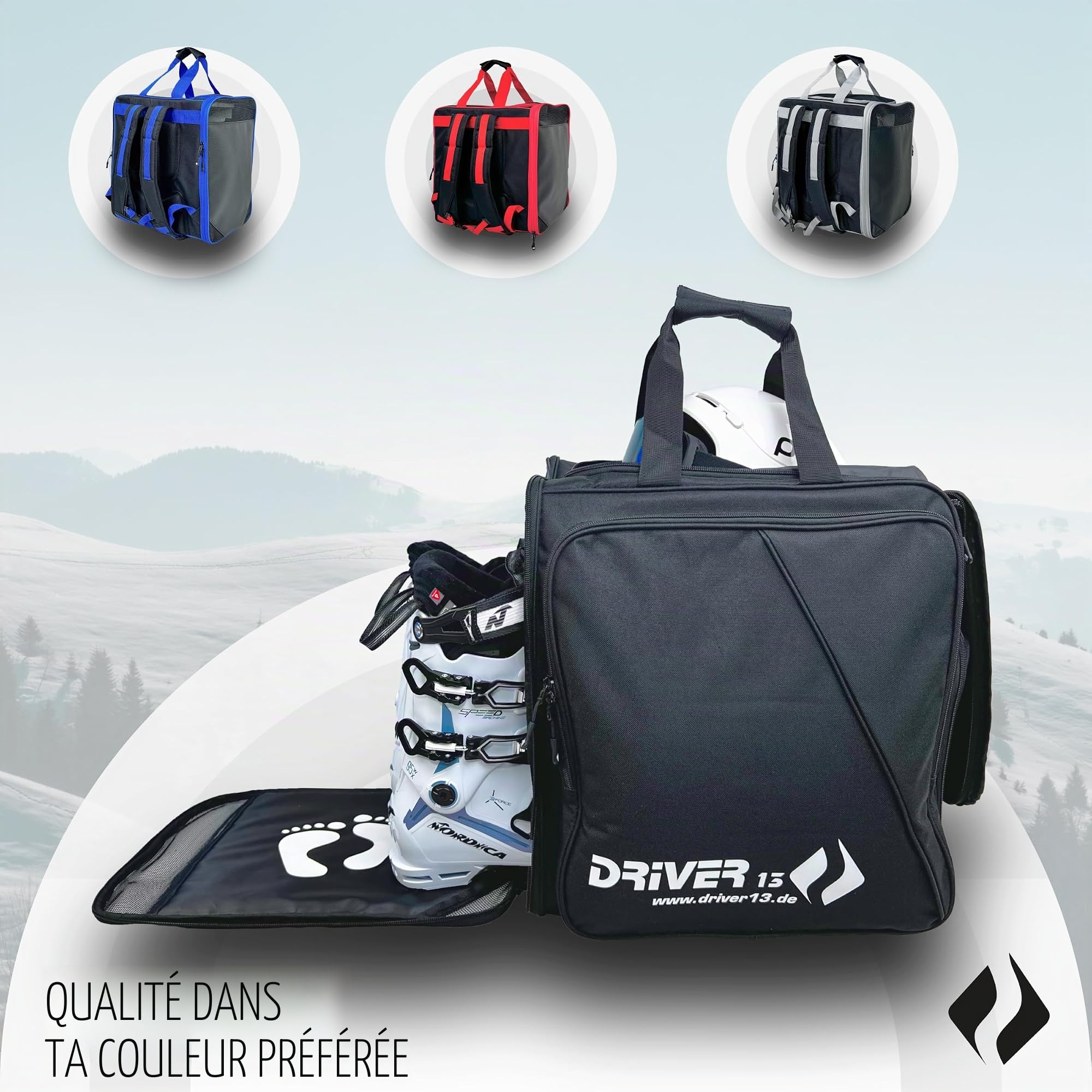 Driver13 Sac à Dos pour Chaussures de Ski avec Compartiment Casque, bootbag Sac à Dos pour Chaussures de Ski, Boots de Snowboard et Rollers, Dimensions 40 x 28 x 44 cm, Noir