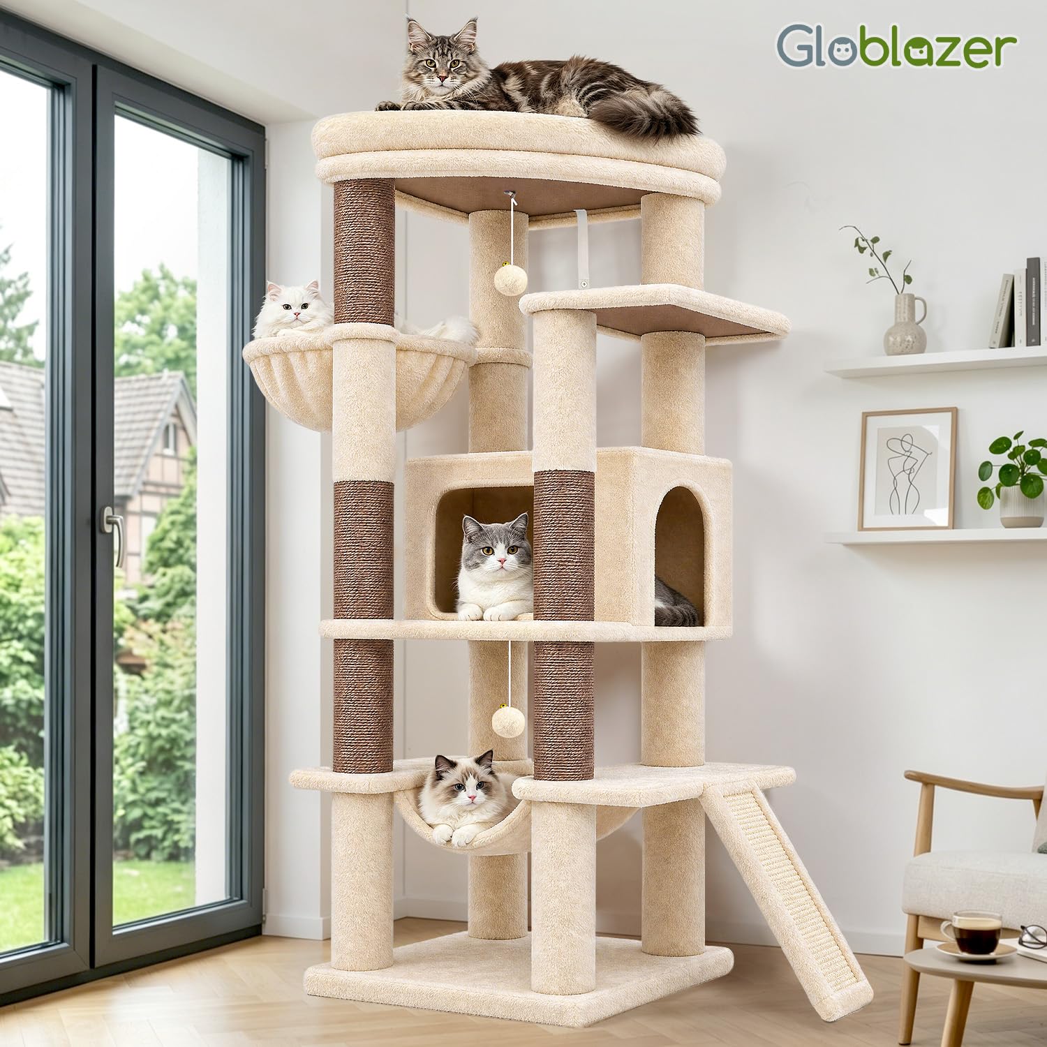 Globlazer Árbol Rascador Beige Estable con Inmenso Acolchada Plataforma 48*48CM, Grande Nido, Hamaca, Pendiente de Sisal, Cesta, Árbol Rascador 143 cm para Múltiple Gatos Adulto Interior (S56, Beige)