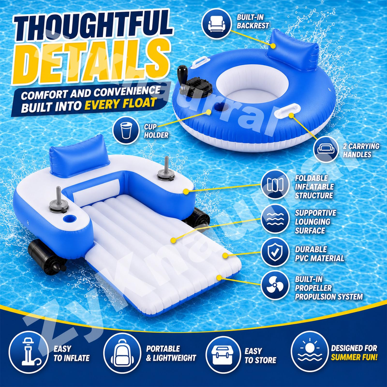 Flotador De Piscina Motorizado,Tumbona Inflable De Agua con Control Joystick 360°, Flotador De Sillón De Agua Portátil para Adultos Playa De Verano BatteryOperated-B