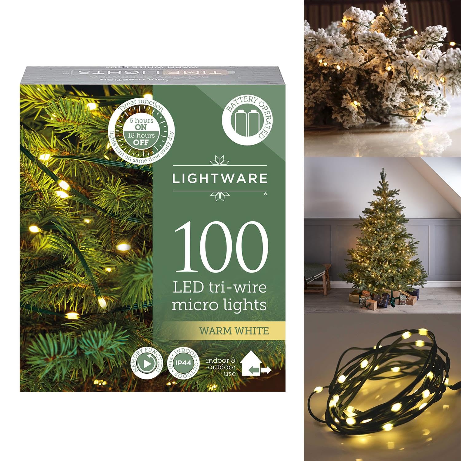 Daniel James LED Christmas Tree Fairy Lights – 100 Warm White String Lights with Timer & Auto-Shut Off - IP44 Battery Operated Rope Lights with Memory Function for Indoor & Outdoor – 100 LEDs