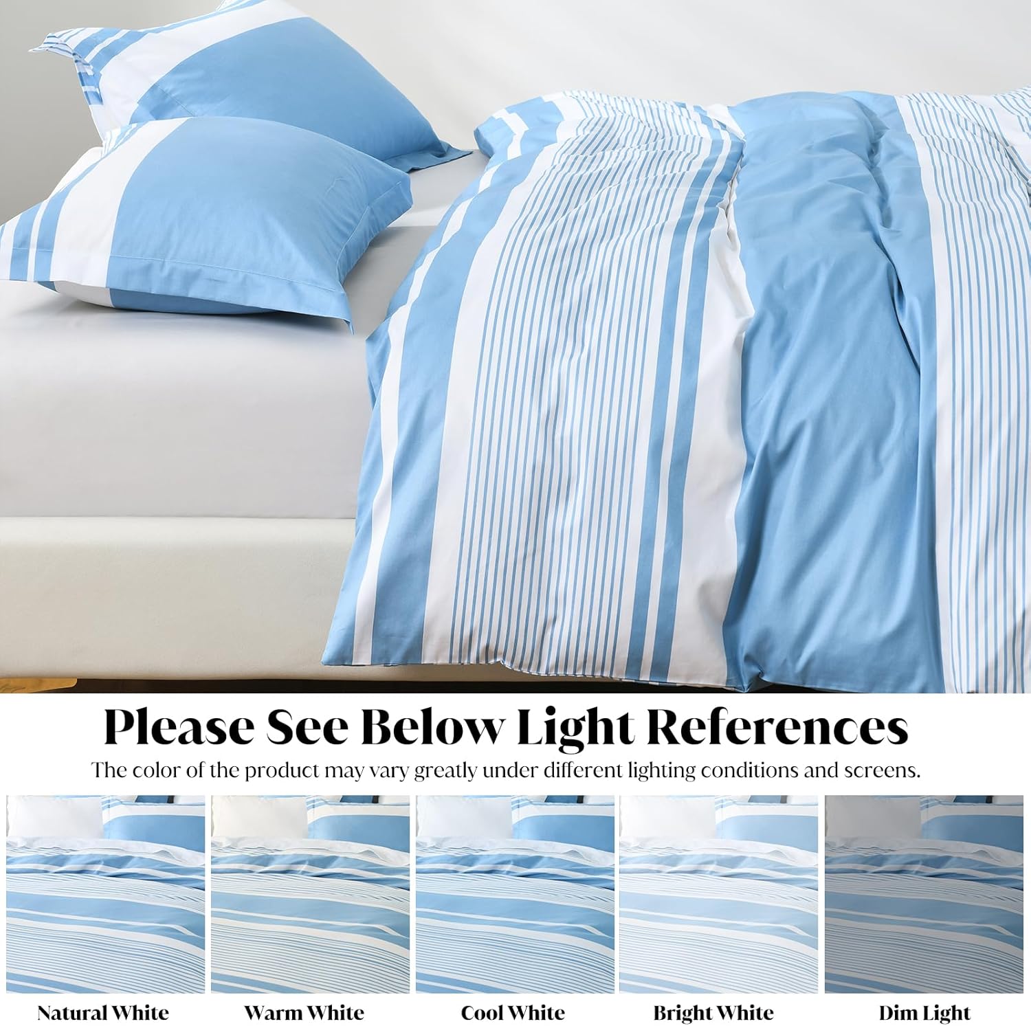 CozyDH Duvet Cover Queen Size - 400 Thread Count 100% Cotton Queen Duvet Cover Set, Soft Lightweight 3PCS Striped Bedding Set with Zipper Closure 8 Ties(Blue, 90'' x 90'', No Comforter)