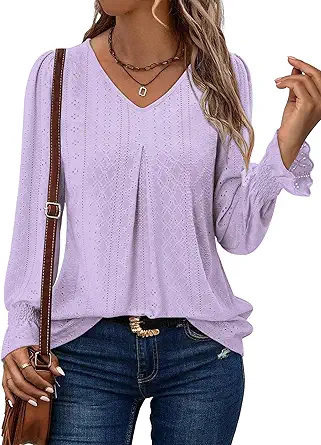 KISSMODA Long Sleeve Fall Shirts For Women V Neck Tunic Tops Embroidered Button Down Knitted Blouses 2025