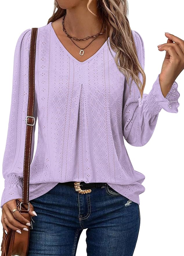 KISSMODA Long Sleeve Fall Shirts For Women V Neck Tunic Tops Embroidered Button Down Knitted Blouses 2025