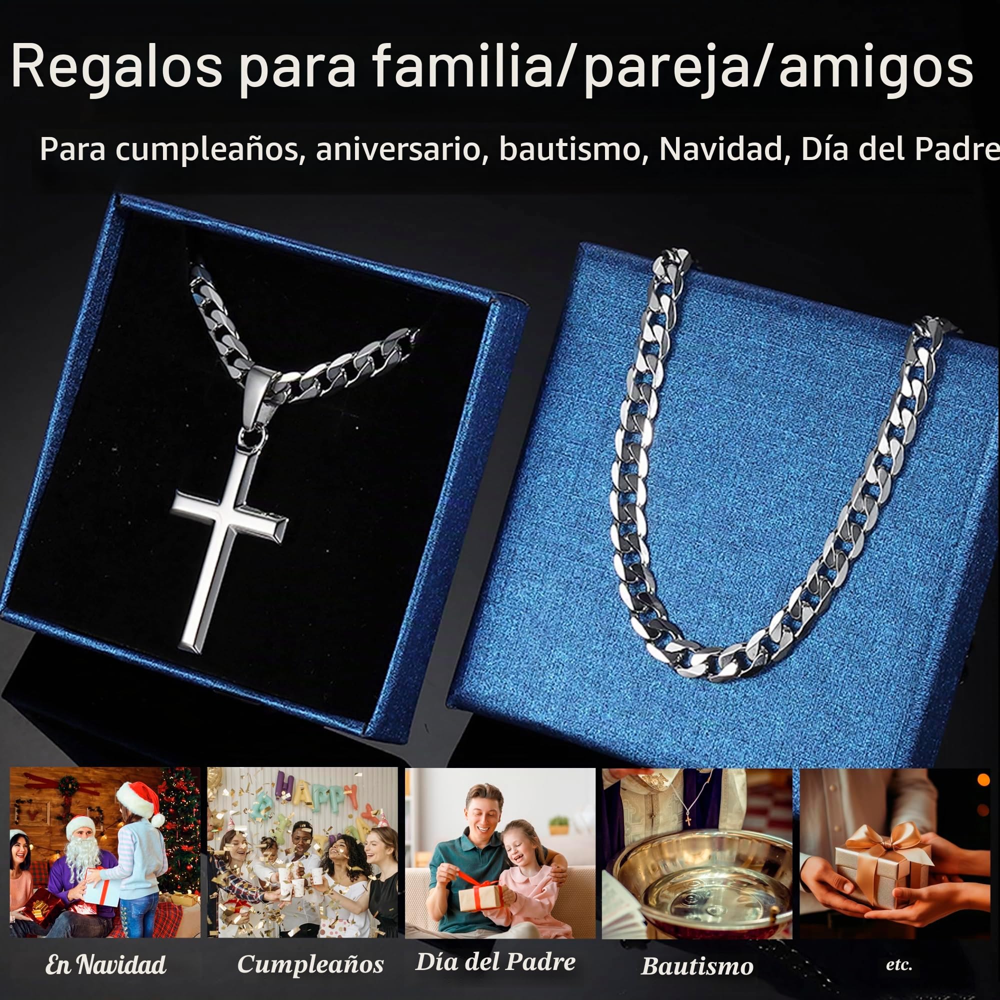 Chriscoco Collar Hombre Colgante de Cruz de Plata de Ley 925,Cadena Figaro de Corte de Diamante Acero Inoxidable Delicado Collar con Colgante Cruz con Borde Biselado Altamente Pulido