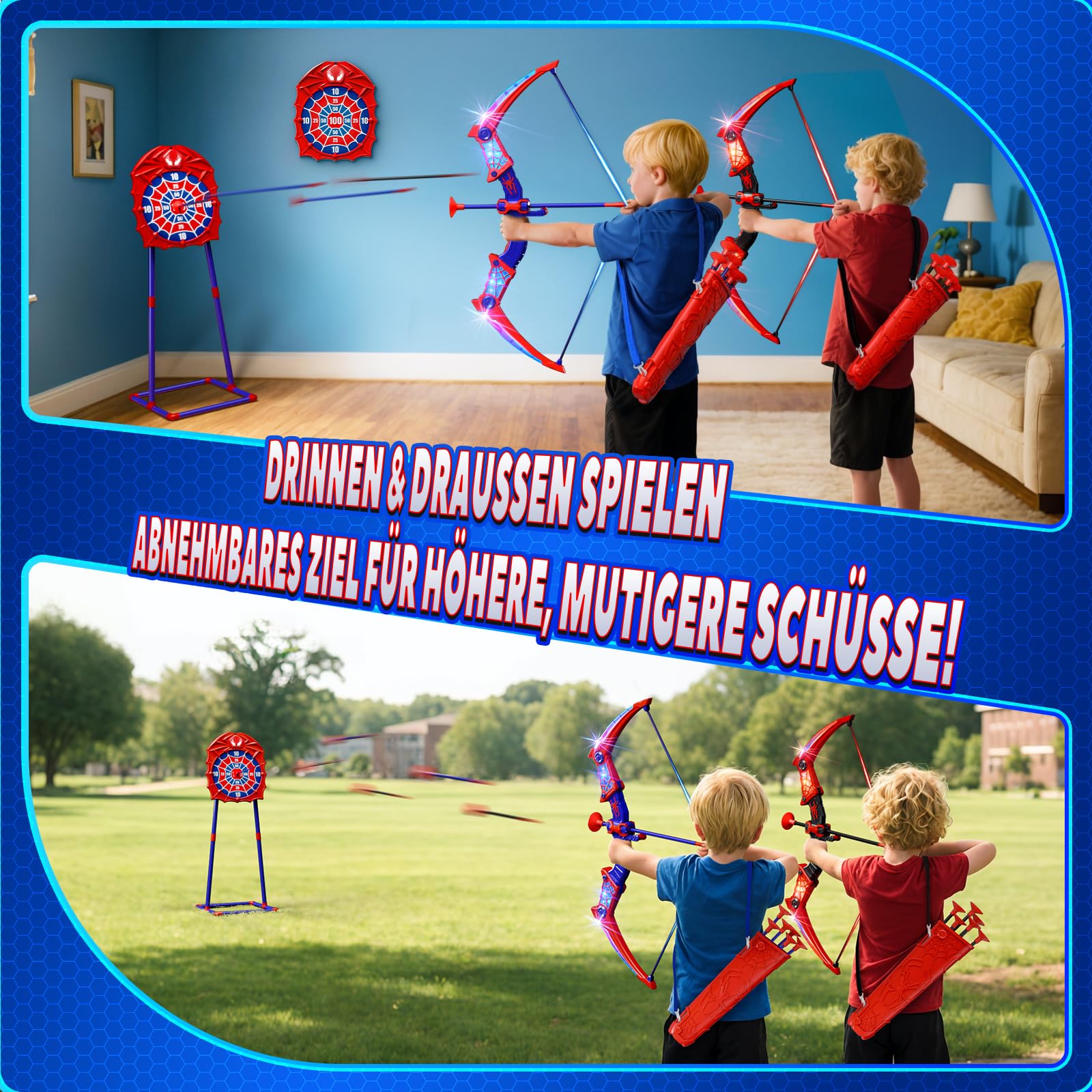 Spielzeug ab 3-12 Jahre Junge, 2 Stück PfeilBogen Kinder mit Rot & Blau LED Lichtern, Zielscheibe zum Stehen & 2×Köcher, Geschenk Junge 3 4 5 6 7 8 9 10 12 Jahre Geschenkideen Spiele für Kinder