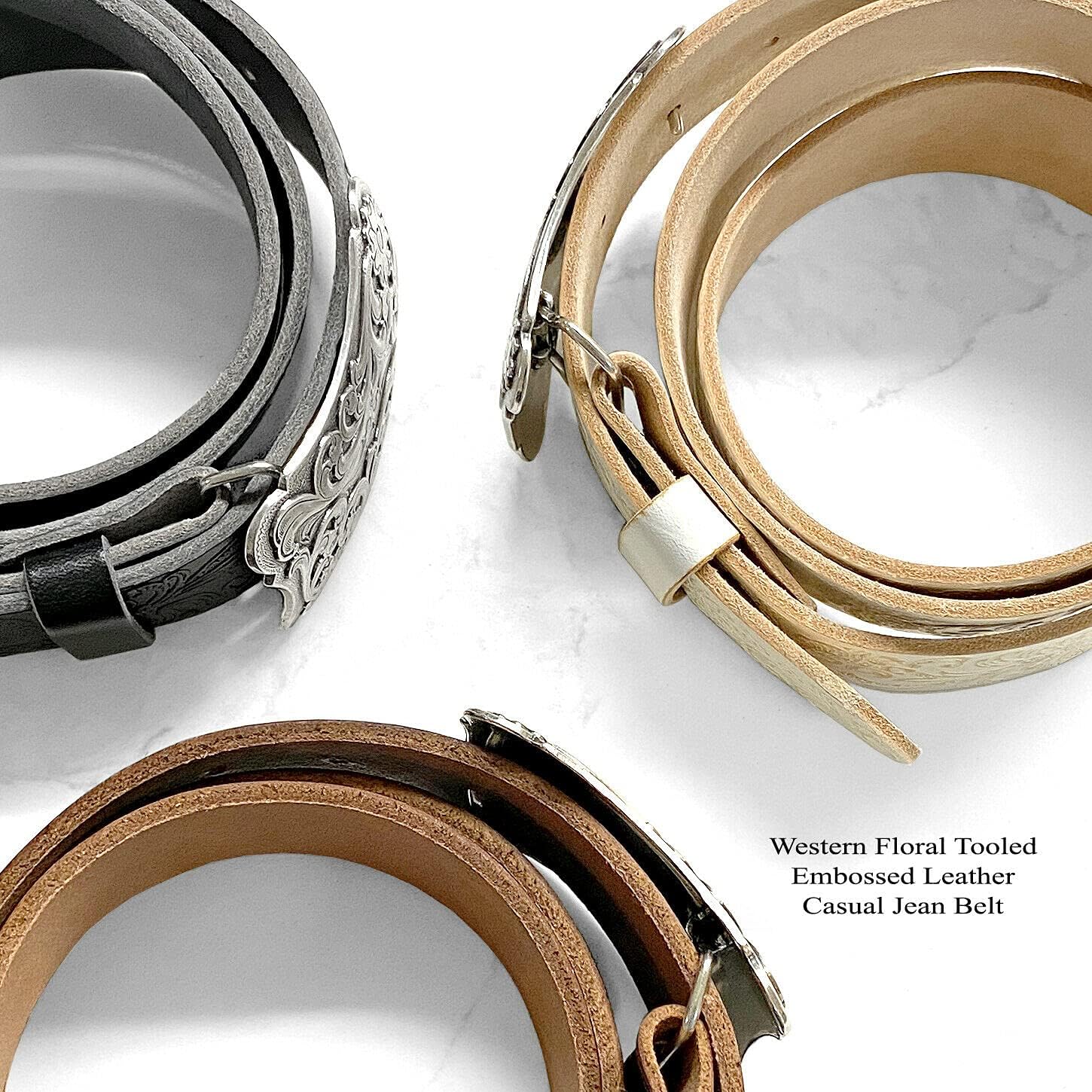 Western Fashion Style Floral Engraved Buckle Full Grain Genuine Leather Belt 1-1/2" (38mm) Wide - Assembled in the U.S - Image 4