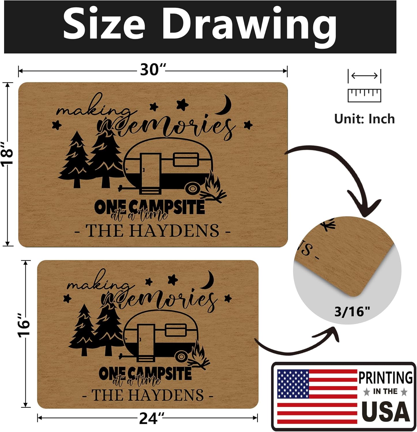 Custom RV Door Mat - Personalized Happy Camper Camping Accessories - Outdoor Rugs for RV - Customized Door Mats