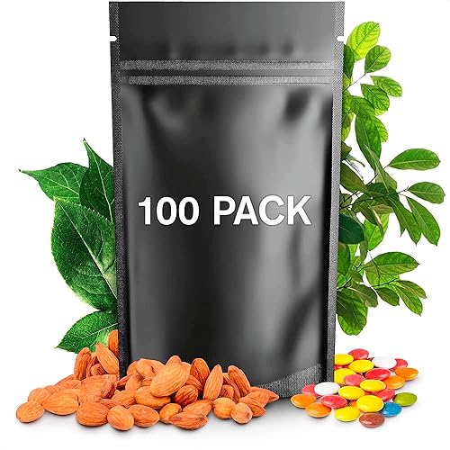 100 bolsas de Mylar negras para almacenamiento de alimentos, bolsa a prueba de olores, bolsa pequeña con cierre hermético para almacenamiento de