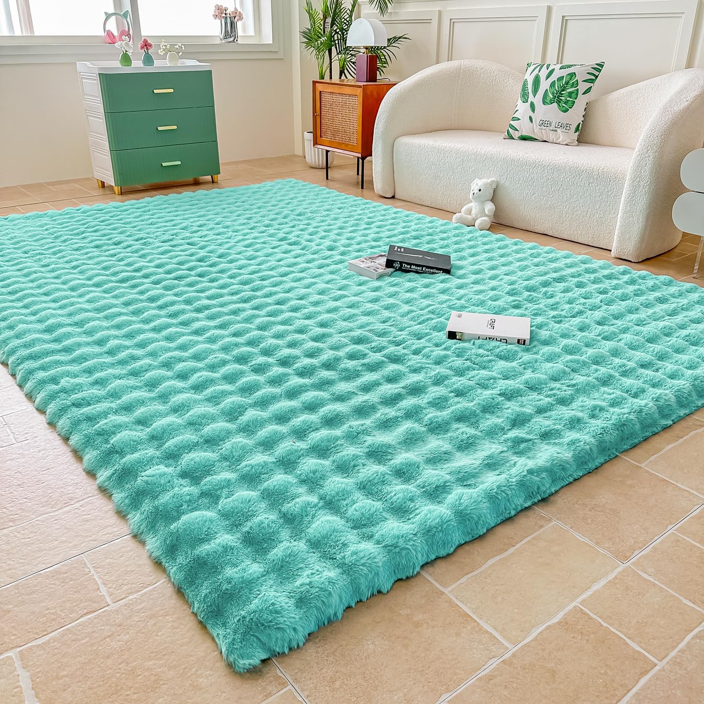 Sky Blue Rabbit Plush Area Rug for Bedroom Living Room Sofa,6'X9' Faux Fur Fluffy Shaggy Rectangular Square Rug for Kids Teen Girls Room,Furry Carpet Rug for Nursery Baby Room Decor for Teenage