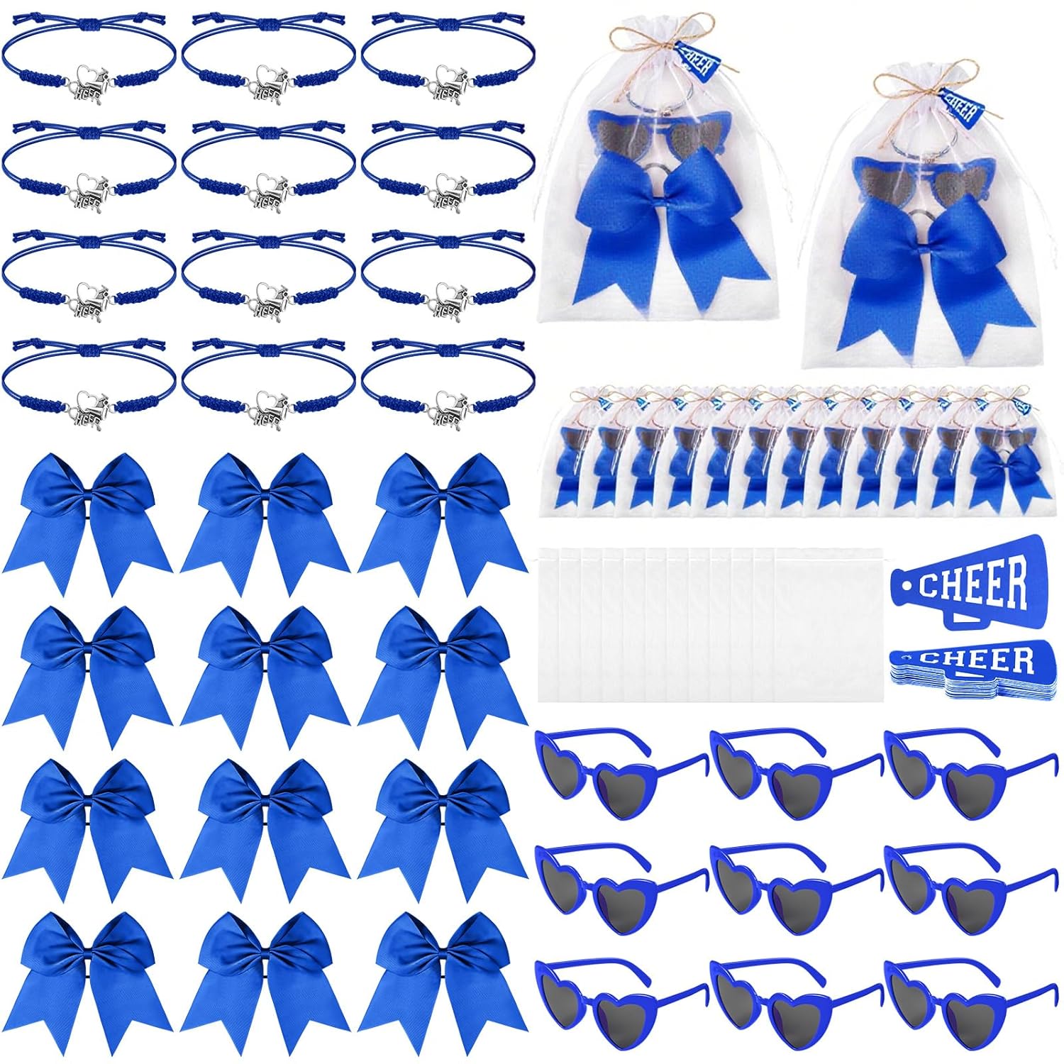 72 Pcs Cheerleader Gifts Bulk for Team Cheerleading Heart Sunglasses Hair Bows Bracelet Organza Bag and Cards Cheerleader Party Favors for Team Gifts(Blue)
