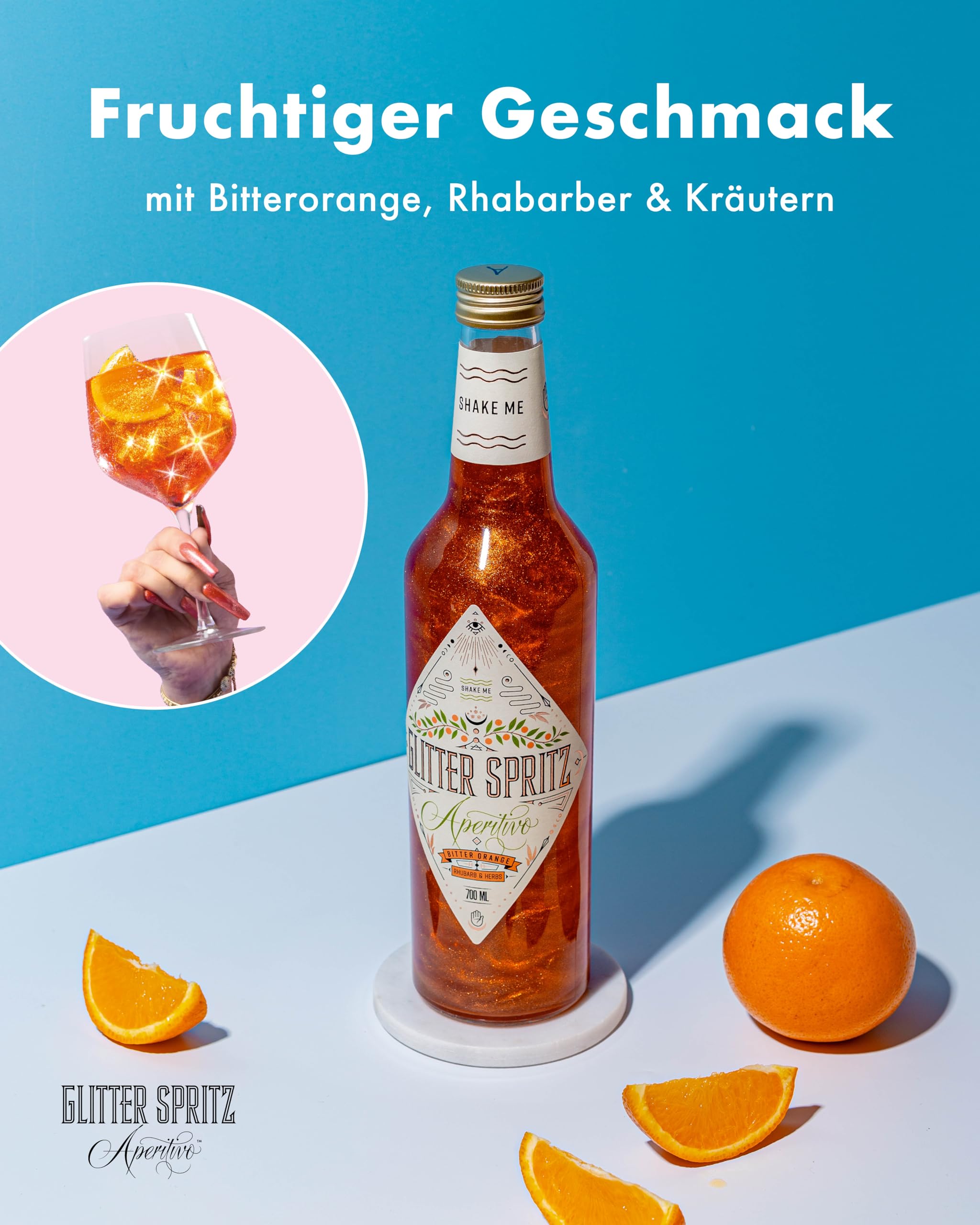Glitter Spritz – Das Original – Sans alcool 0,7 l – Cocktail à paillettes Aperitivo sans alcool avec orange amère, rhubarbe et herbes pour boissons pailletées, spritz italien et occasions spéciales (1