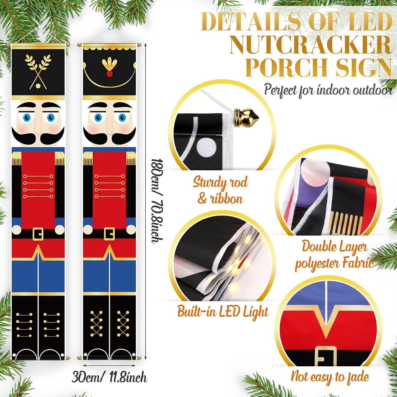 Lounsweer Nutcracker Christmas Decorations Nutcrackers Banners Porch with LED String Lights Xmas Decor Tall Soldier Model Outdoor Banners for Door Yard Holiday(White,Red)