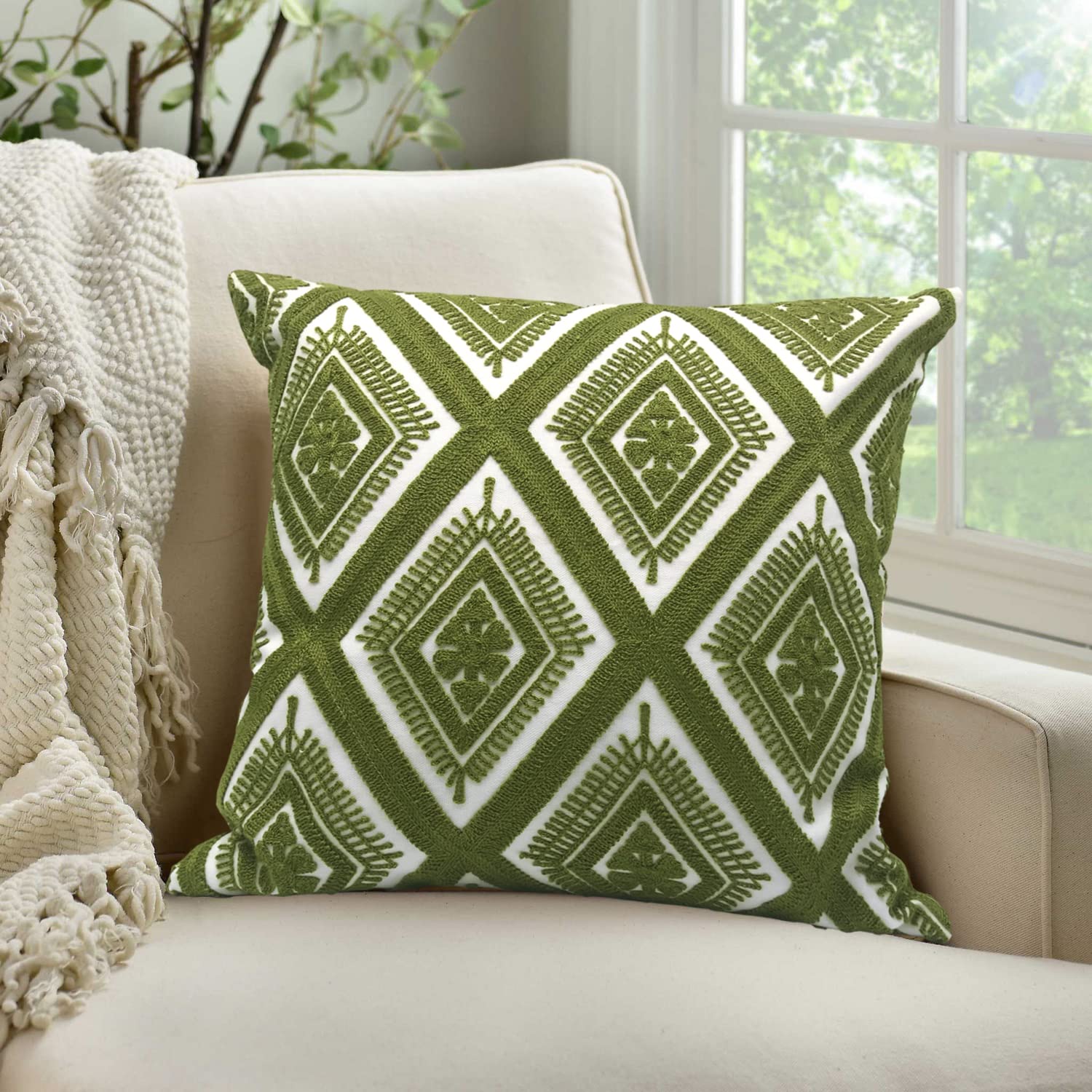 Kawani Set Di 2 Federe Per Cuscini Decorative Con Albero Di Natale, 50x50 Cm, Verde E Beige, In Lino Di Cotone