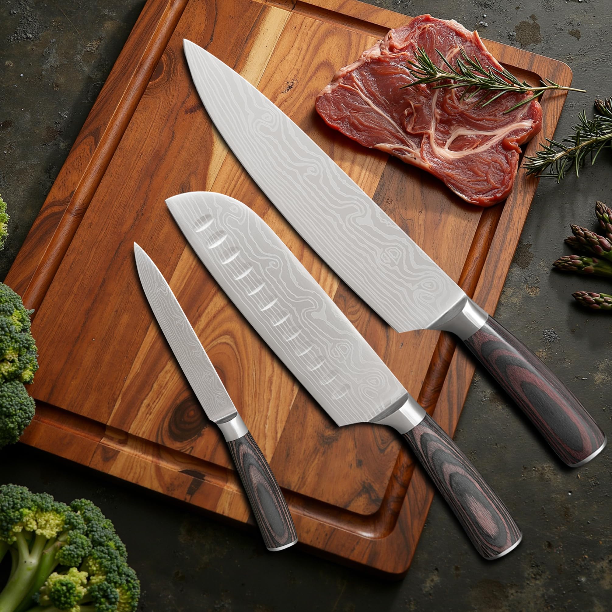 3 Piece Set of Professional Chef Knives, Forged From High Carbon Stainless Steel, with Extremely Sharp Blades and Ergonomic wooden Handles to Meet Various Cutting Needs (Kitchen Knife Set 3 Pcs) — Amazon image 2