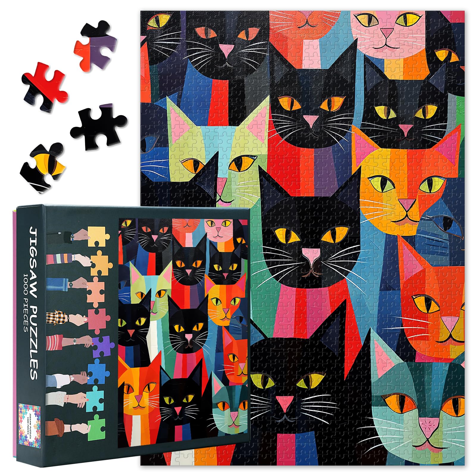 1000 Pieces Jigsaw Puzzles Colorful Cats Difficult Challenge Puzzle for Adults as Gifts for Family Party Colorful Wallpaper of Adorable Cat Jigsaw Puzzle Artwork Home Decor 27.5"X19.7"
