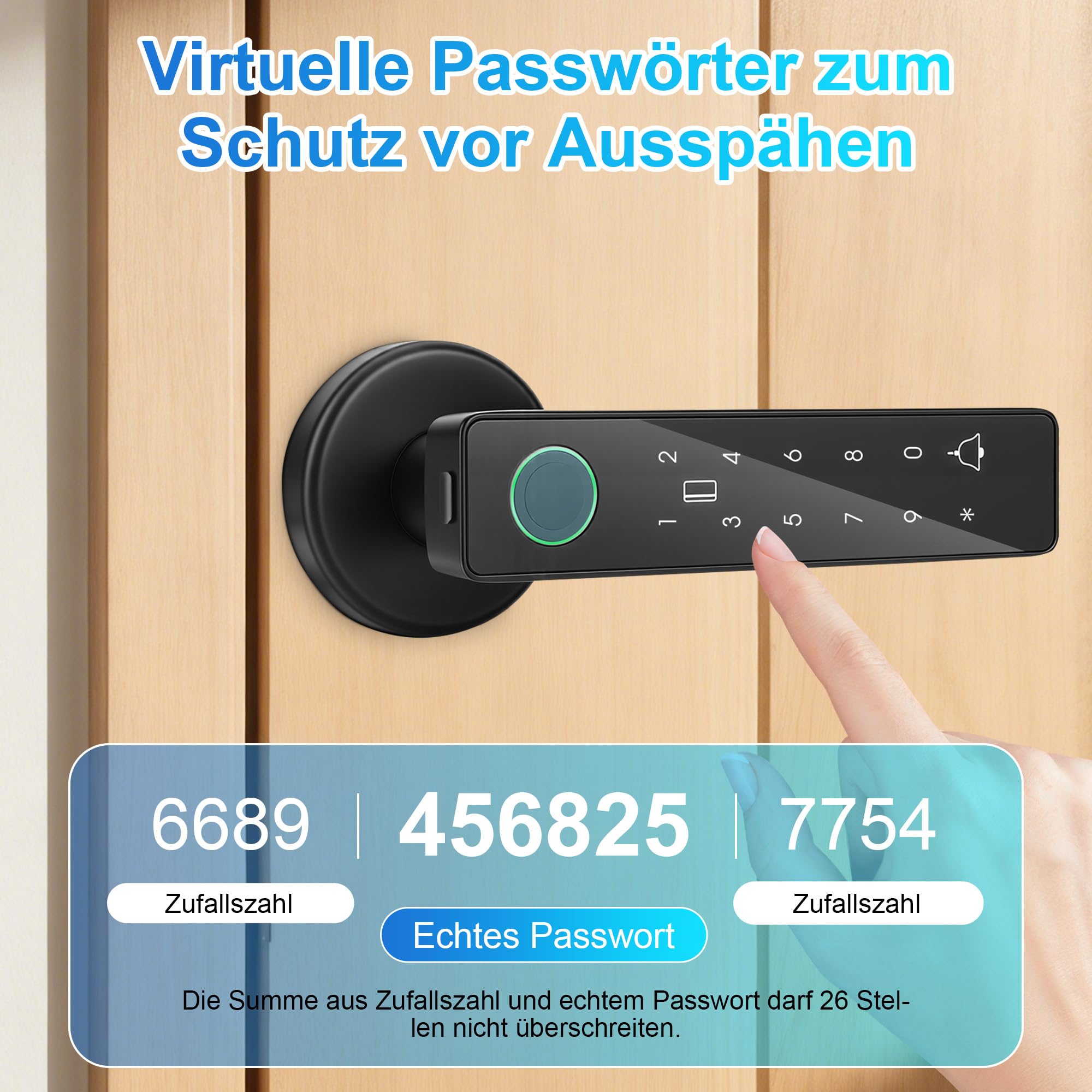 Türschloss Fingerabdruck, Smart Lock Intelligentes Türschloss mit Zahlencode, Elektronisches Schlüsselloses Zugangssystem aus Aluminiumlegierung mit Fingerabdruck Passwortkarte(BLACK)