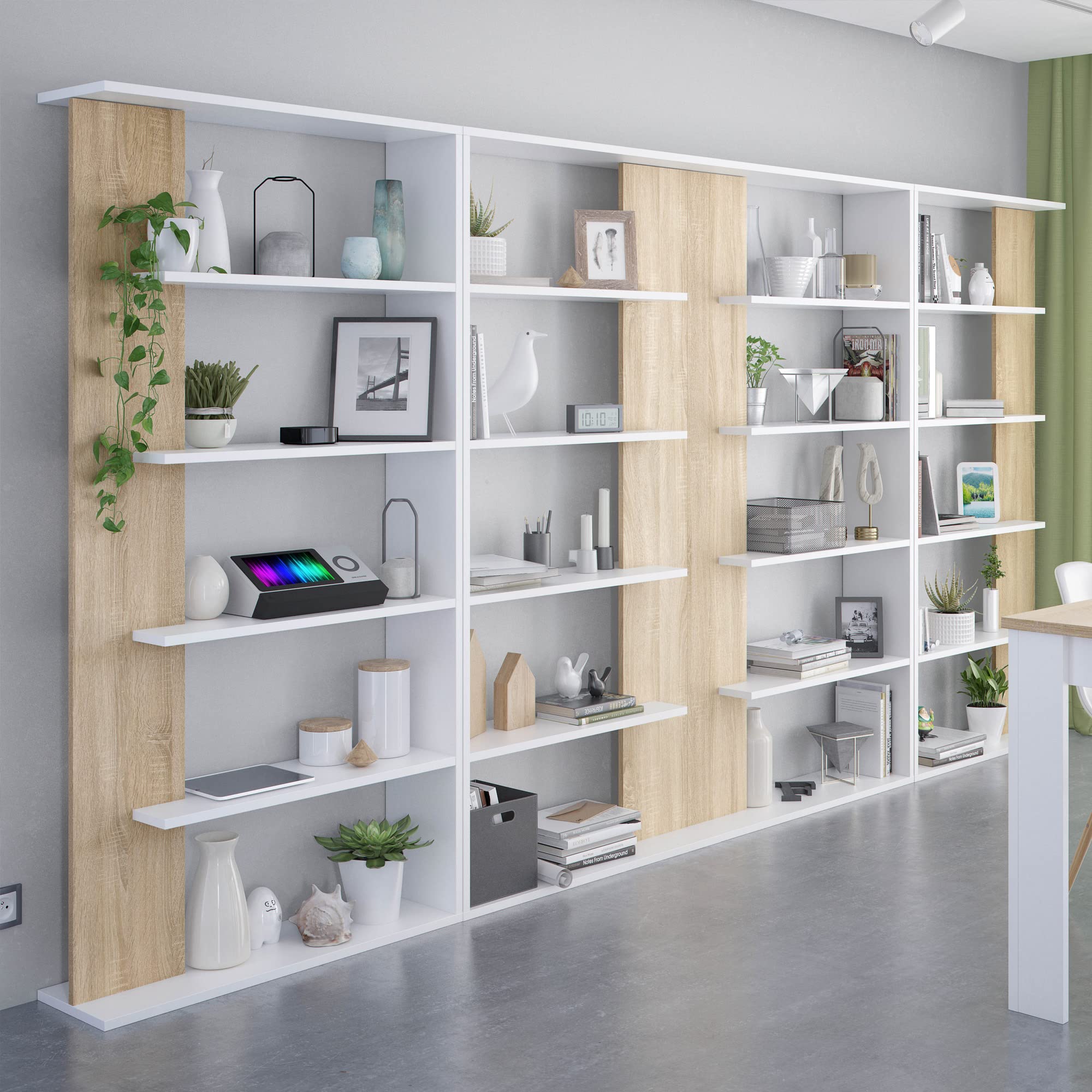 HOMN LIVING Étagère Bibliothèque Lugo Couleur Blanc/Chêne 5 étagères, pour Salon, Salle à Manger ou Bureau, 90 cm (Largeur) 25 cm (Profondeur) 180 cm (Hauteur)