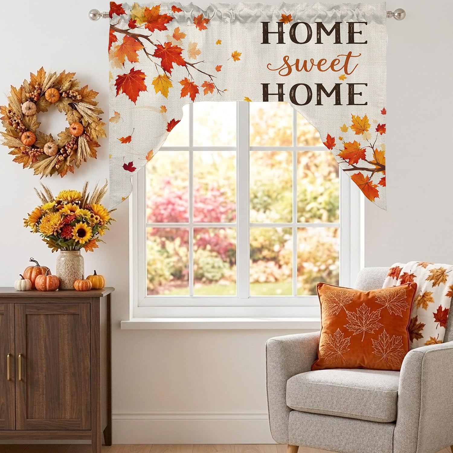 Fall Swag and Valance for Kitchen Windows, Maple Leaves Branches Thanksgiving Swag Valances Curtain Panel with Rod Pocket, Farmhouse Thanksgiving Window Treatments Curtains Valance, 56 x 36 In