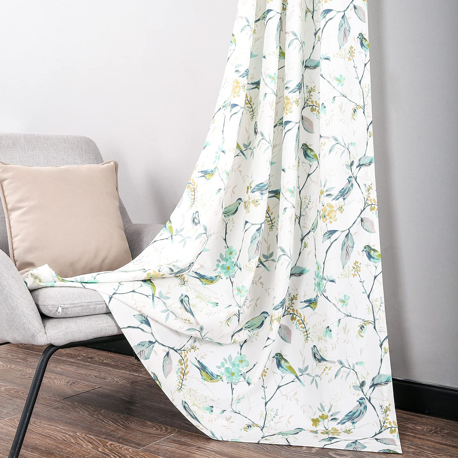 Leeva 2 Panels Green Print Curtains for Dining Room, Elegant Birds Garden Pattern Grommet Top Linen Window Curtain Panel for Sliding Patio Door, 52x63