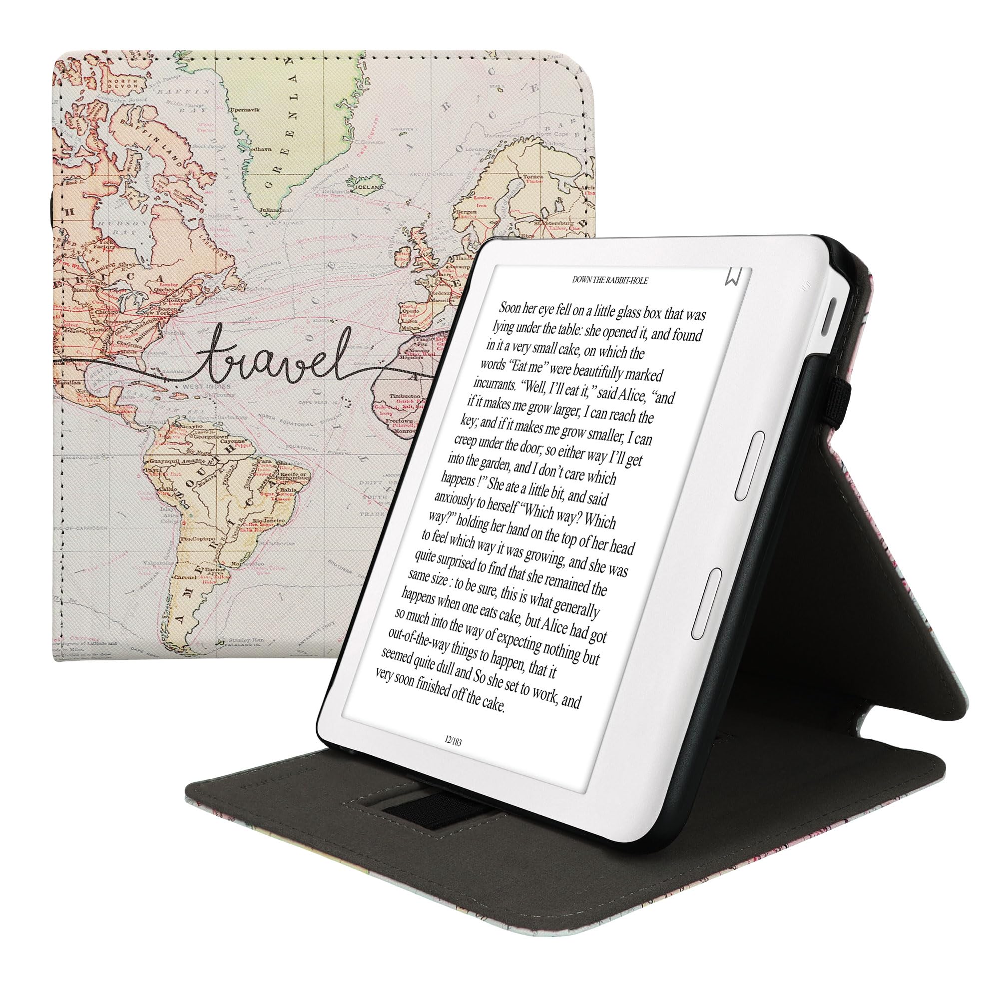 kwmobile Cover Compatible with Kobo Libra Colour Case - Stand + Strap - Travel Black/Multicolor, black / multicolor