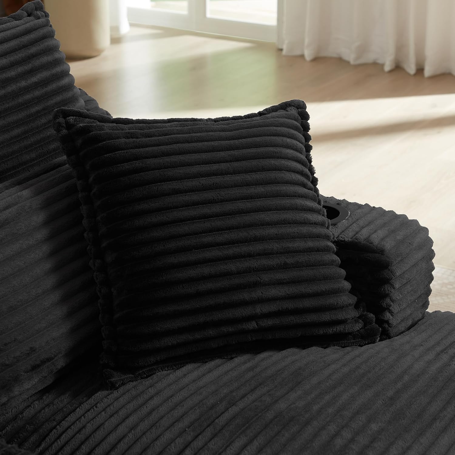 Black Chaise Lounge Chair Indoor, 47.2" Oversized Corduroy Boneless Sleeper Sofa Cloud Couch w/Cup Holder & Storage Pocket,Modern Comfy Single Seat Floor Sofa Reading Chairs for Living Room, Bedroom