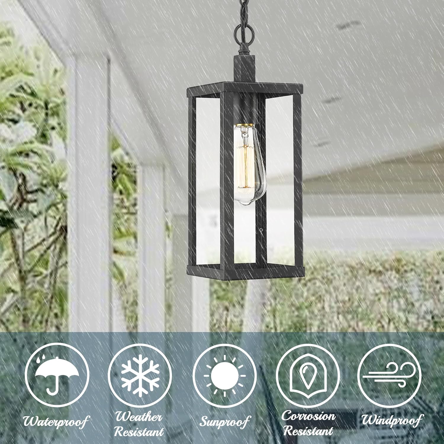 Outdoor Pendant Lantern, Exterior Hanging Light Fixture for Porch, Hallway in Black Finish With Clear Glass
