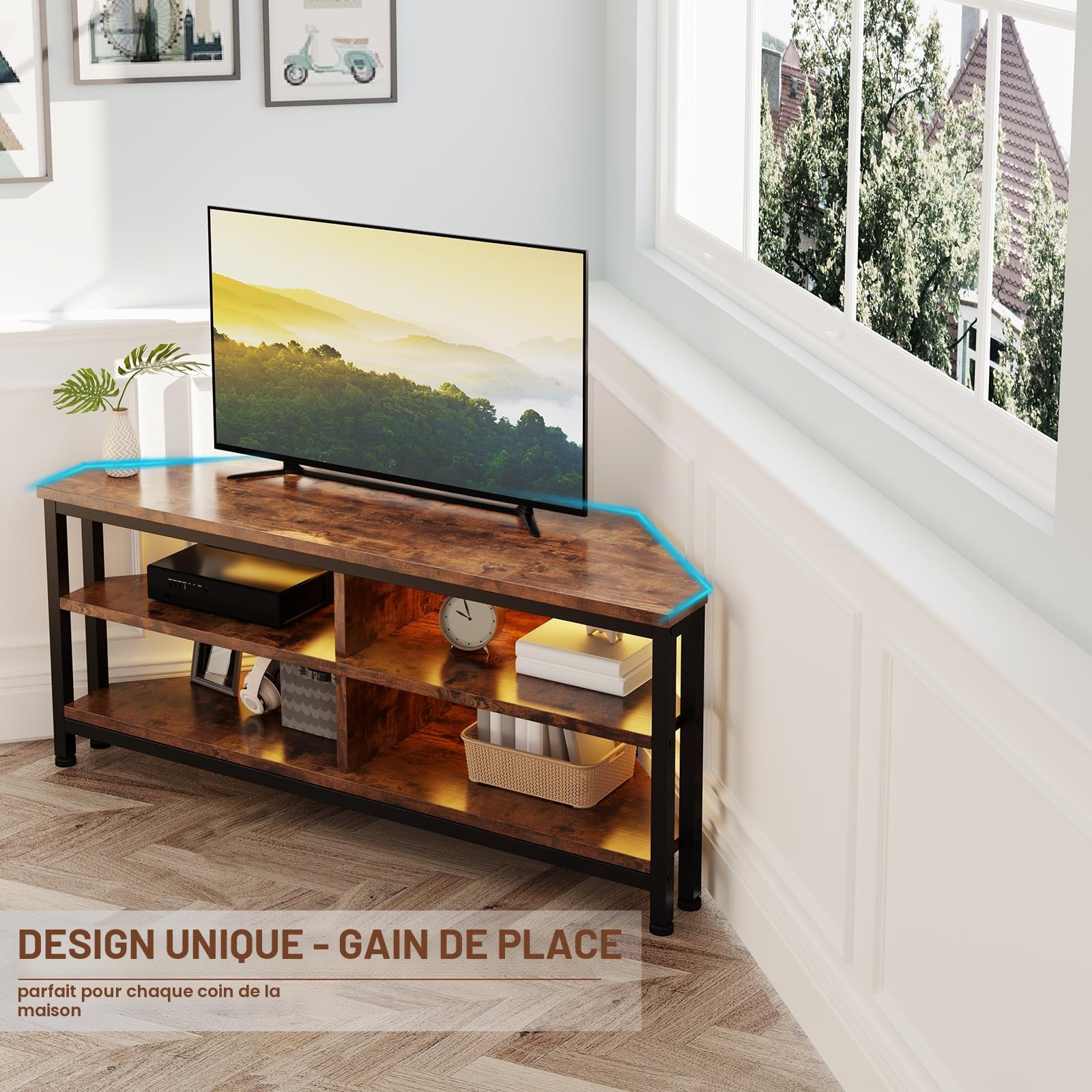Dripex Meuble TV Bas d'angle avec éclairage LED Marron Vintage 106x36x45.5 cm