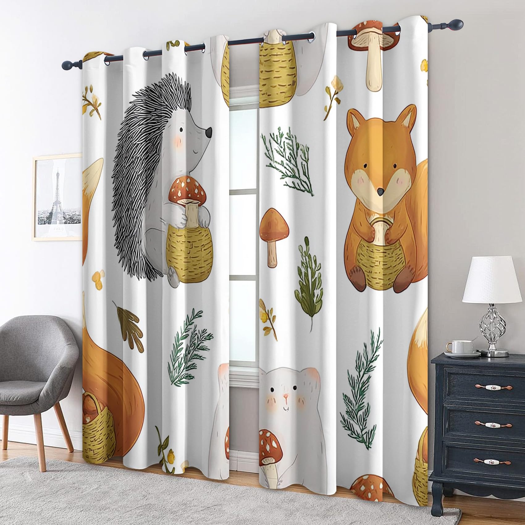 Générique Rideau Occultant Animal Dessin Animé Mignon, Lot de 2 Rideaux Occultant Thermique Isolant à Oeillets, Motif Enfant Animaux de la Forêt, Decoration Chambre Salon Fenetre, 110 L x 215 H Fz12-C