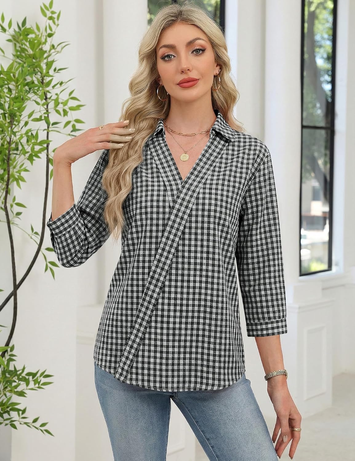 LOMON 3/4 Length Sleeve Womens Tops Dressy V Neck Collared Shirts Trendy Business Casual Work Blouses Vacation Outfits 2026 - Image 2