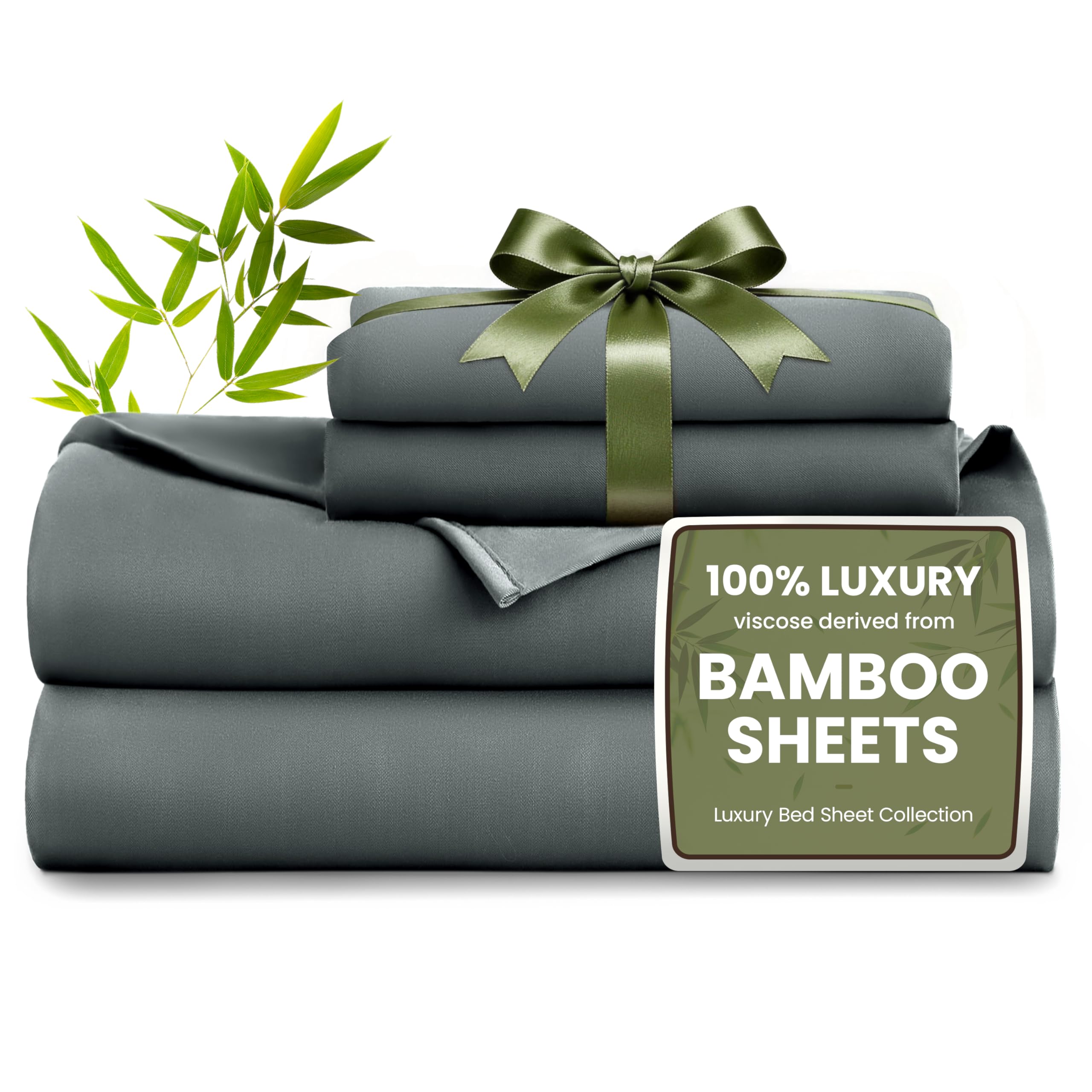 Love's cabin 4 Piece Full Size Sheet Set, 100% Rayon Derived from Bamboo, Cooling &amp; Breathable, Soft Silky Deep Pocket up to 16", Hotel Luxury Bedding for Hot Sleepers, Dark Grey