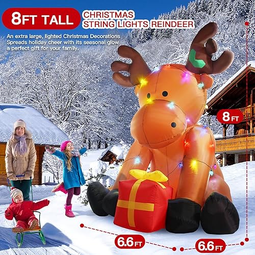 Miniatura 2 de Decoraciones inflables de Navidad de 8 pies para exteriores, cadena de luces gigantes, renos, decoración de patio con caja de regalo roja, 26 luces