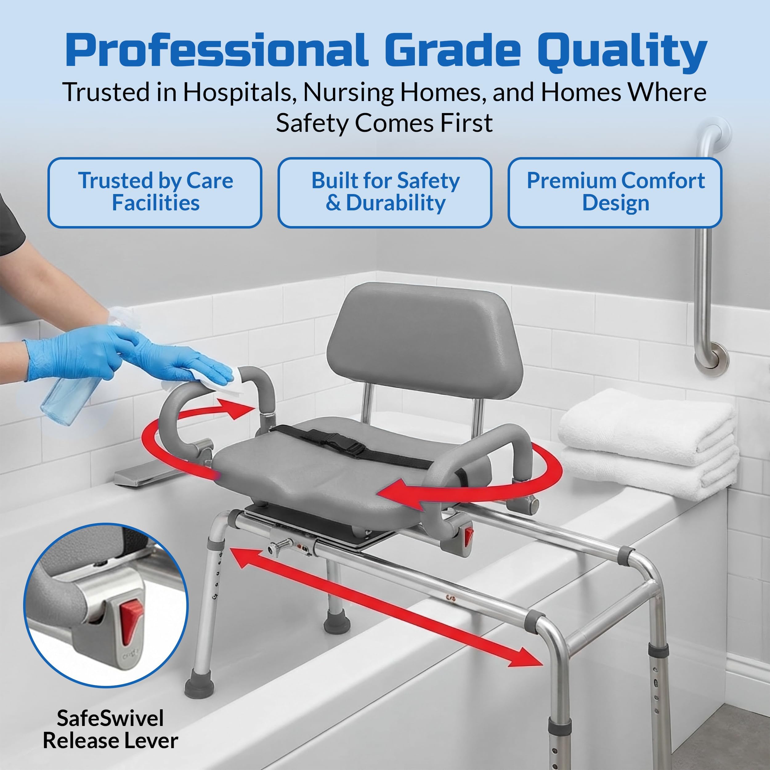 Banco de Transferencia Deslizante de carrusel con Asiento Giratorio. Silla de baño y Ducha Acolchada Brazos pivotantes. Diseño de Ahorro de Espacio para bañeras y duchas.