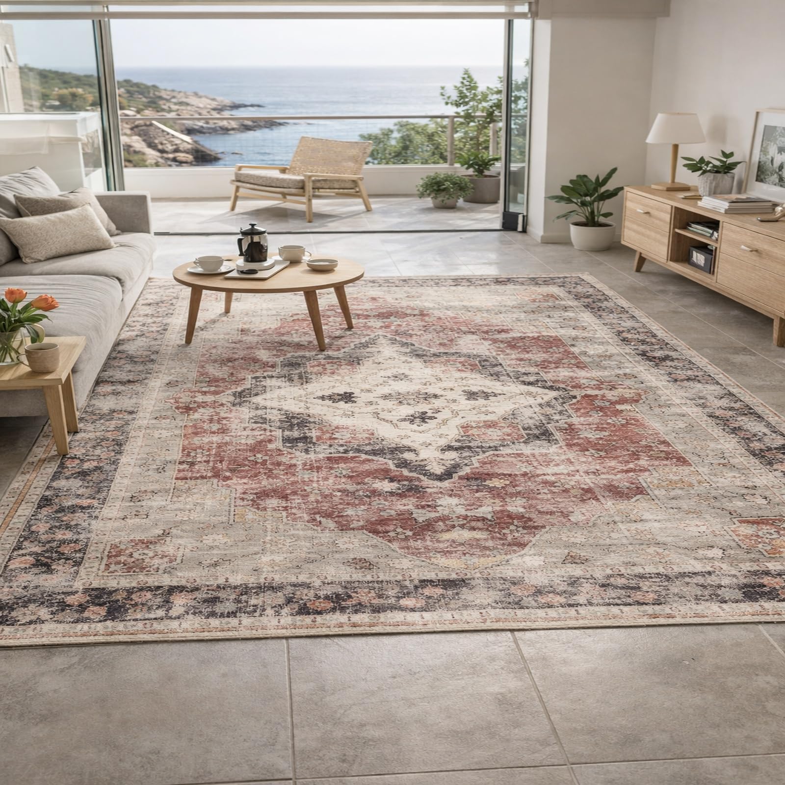 Grand tapis de salon vintage rouge et beige 200x300 cm pour grand espace chic
