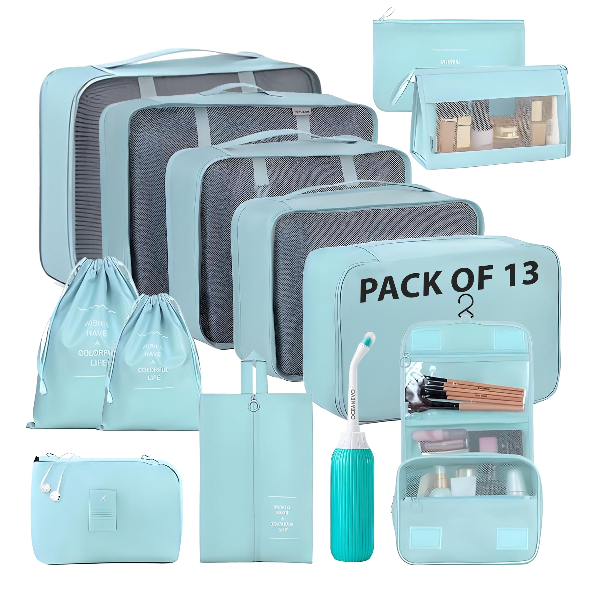 OCEANEVO Set of 13 Packing Cubes with Portable Travel Bidet | Travel Organizer Bags for Luggage & Suitcase, Includes Mesh Bags, Lingerie & Shoe Bag, Cosmetic Pouch, Toilery Bag