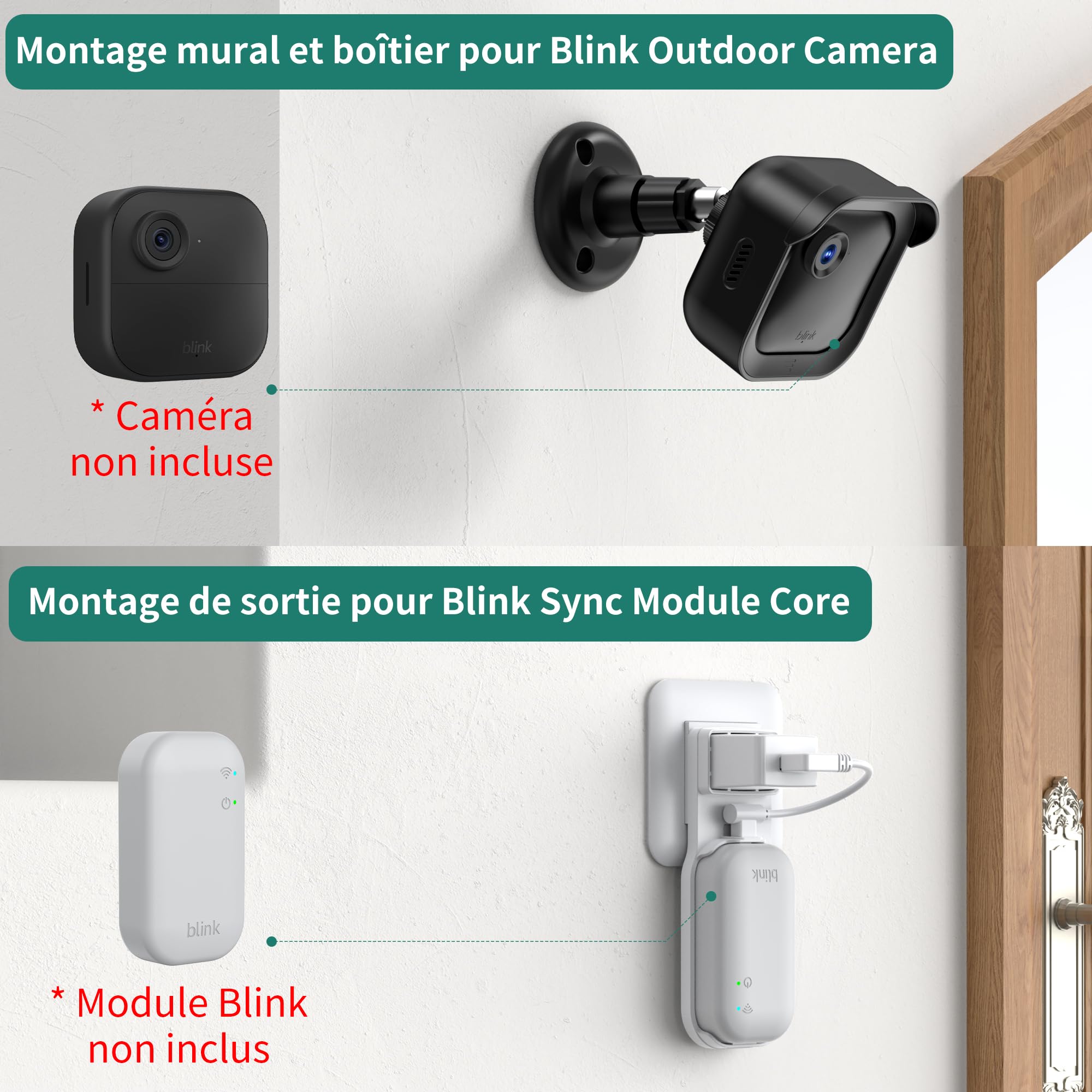 HomeMount Support Mural pour caméra Blink Outdoor avec Support Prise Sync Module Core, boîtier de Protection étanche et Fixation réglable à 360° pour Blink Outdoor 4/3 / 2K+ (3 pièces)