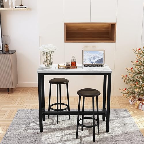 Miniatura 3 de AWQM Juego de mesa de bar de 2 mesas de mármol sintético de 39.3 pulgadas, taburetes de piel sintética, juego de mesa de comedor de 3 piezas con