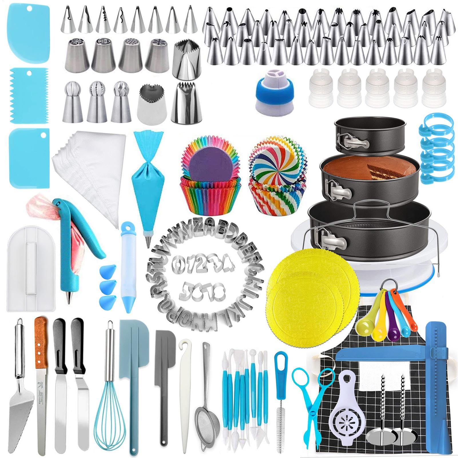 Juego De Puntas Para Manga Pastelera - Kit De Decoración De Pasteles 458 | Piezas, Kit Para Hornear Pasteles | Puntas De Acero Inoxidable, De Fijación Azul Reutilizable, Tijeras De Transferencia