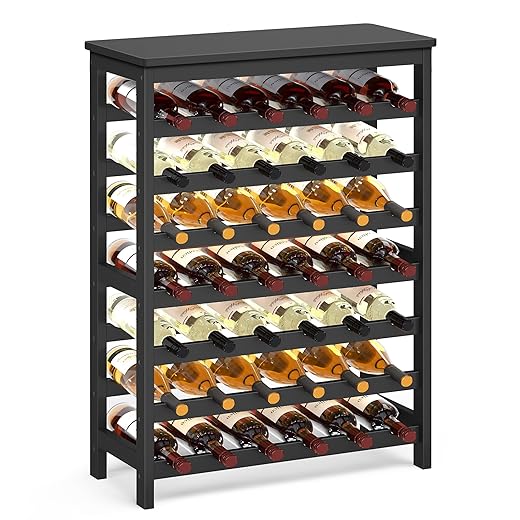 SONGMICS 42-Bottle Wine Rack Free Standing Floor, 7-Tier Display Wine Storage Shelves with Table Top, Bamboo Wobble-Free Bottle Holder for Kitchen Bar Dining Room Living Room, Ink Black UKWR027B16