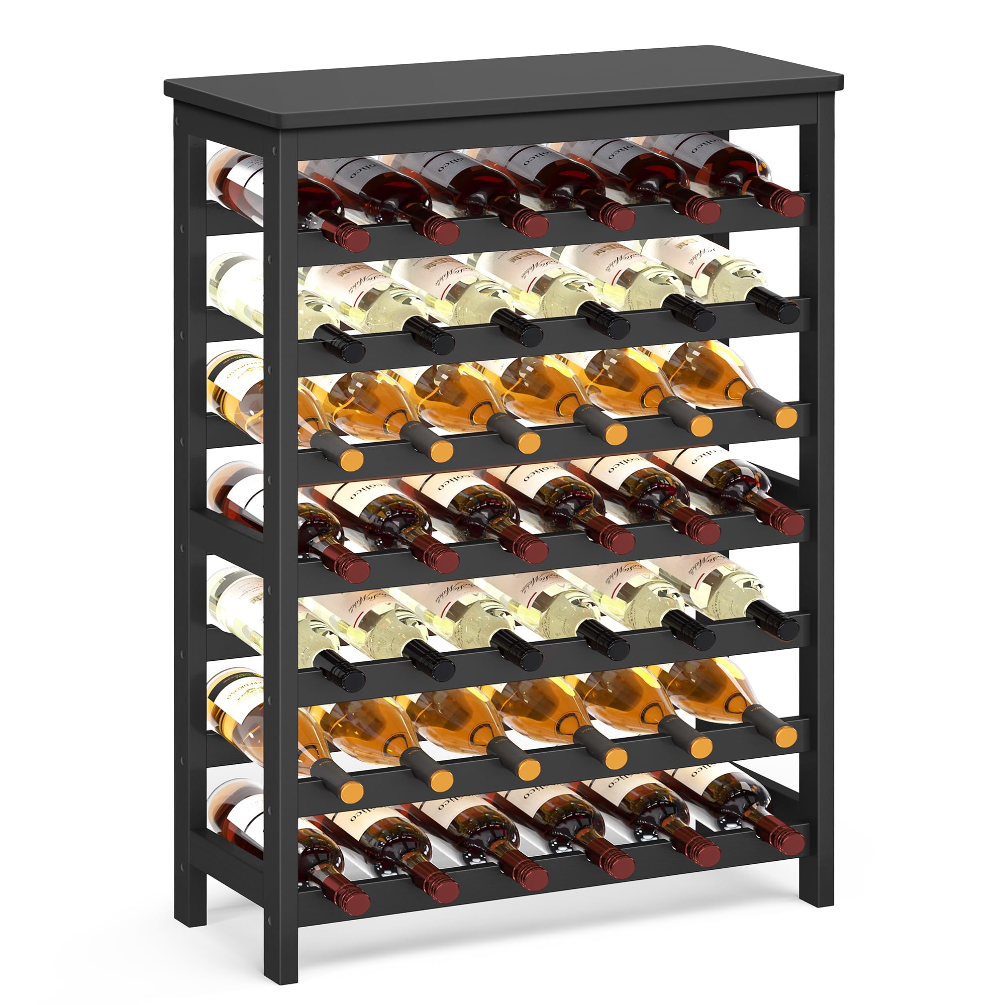 SONGMICS 42-Bottle Wine Rack Free Standing Floor, 7-Tier Display Wine Storage Shelves with Table Top, Bamboo Wobble-Free Bottle Holder for Kitchen Bar Dining Room Living Room, Ink Black UKWR027B16