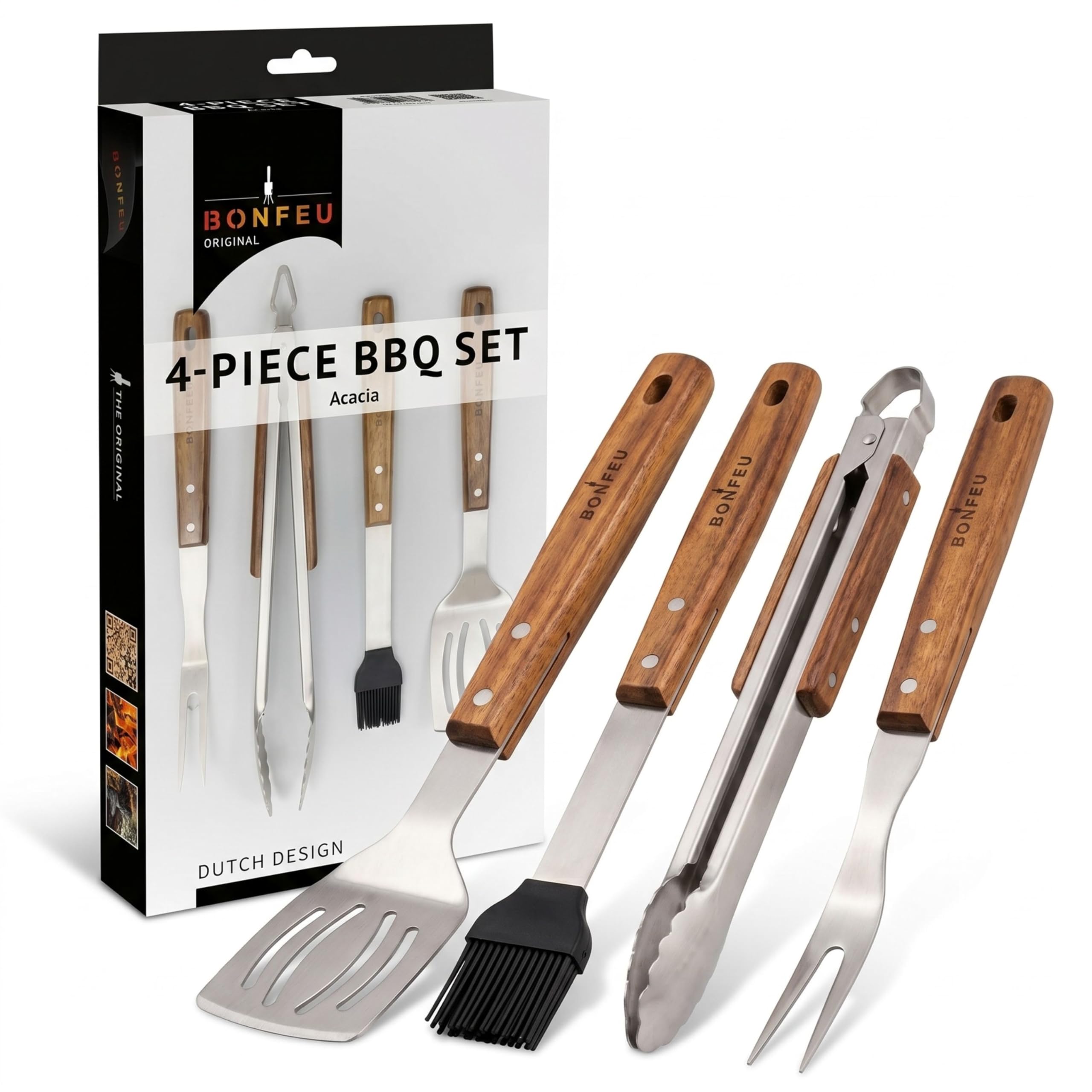 BonFeu Ustensiles de Barbecue de Qualité Supérieure en Acier Inoxydable et Bois d'Acacia – Accessoires pour Barbecue, Plancha et Brasero (Set 4 Ustensiles)
