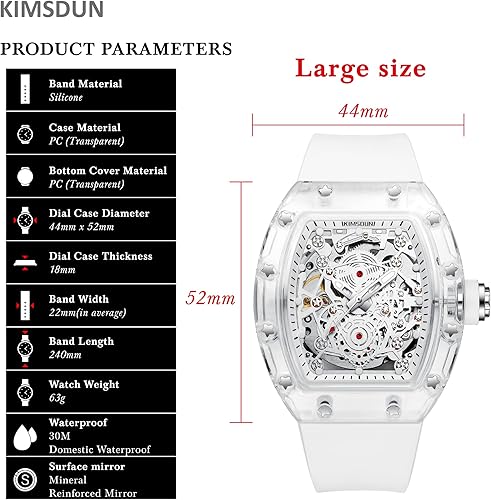 Miniatura 4 de Elegante reloj deportivo de esqueleto, impermeable, reloj de pulsera mecánico automático, caja transparente Tonneau reloj casual, correa de silicona