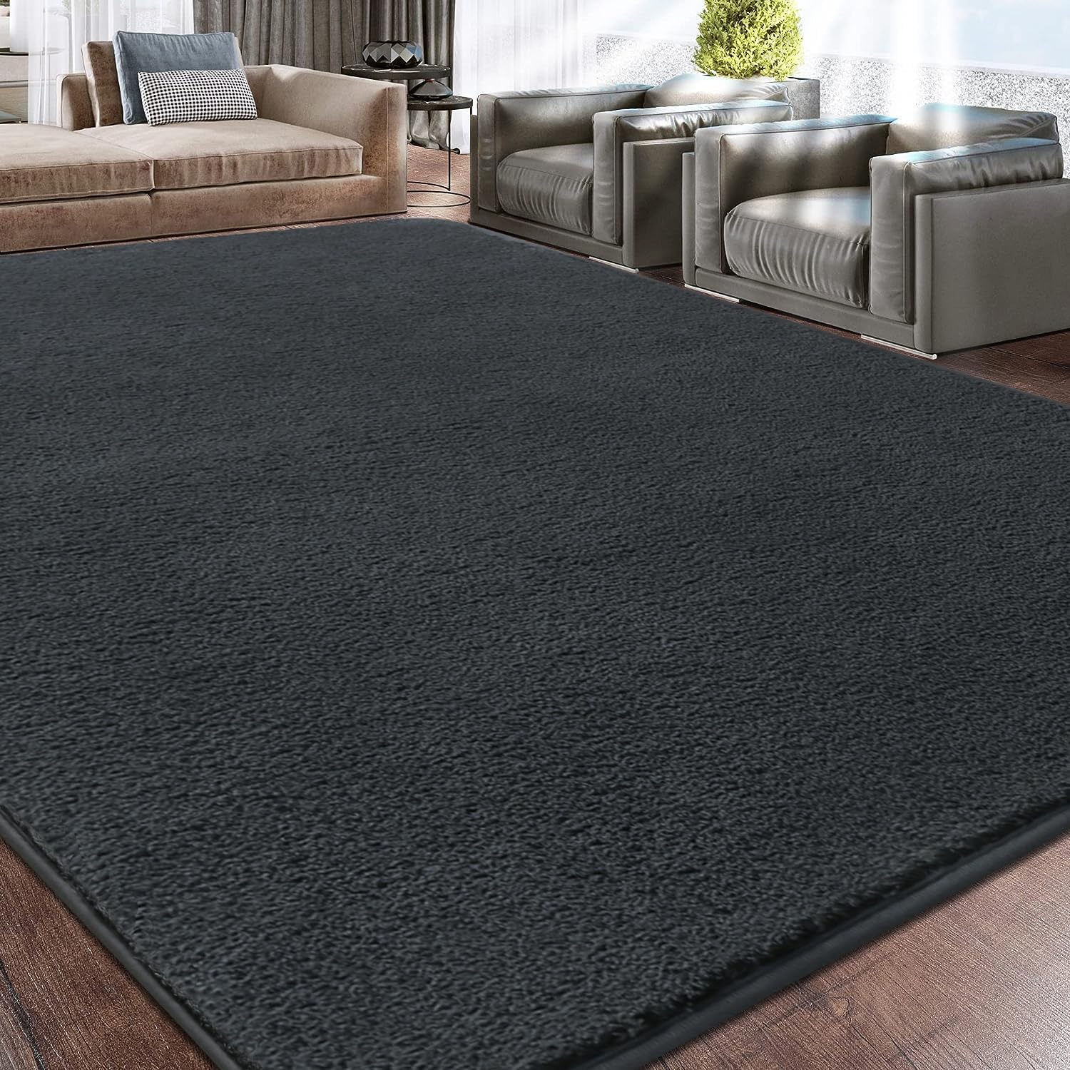 Large Area Rug, 200x300 cm, Grey, Modern, Fluffy, High Pile, Machine Made, Living Room, Bedroom, Children's Nursery