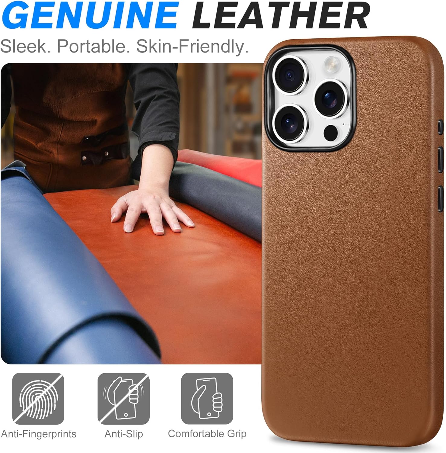 SHIELDON Case for iPhone 16 Pro Max 6.9" 2024, Genuine Leather/Magnetic Wireless Charging/Anti-Scratch/Non-Slip Grip/Shockproof/Slim Fit Cover Compatible with iPhone 16 Pro Max - Saddle Brown - Image 3