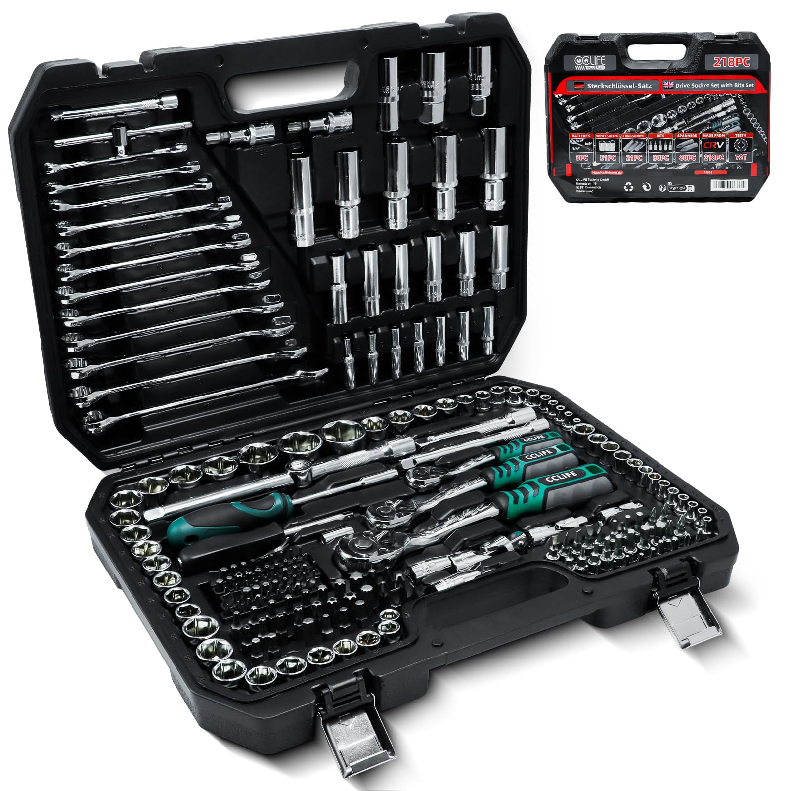 CCLIFE 218 Pezzi Set di Chiavi a Bussola Cr-V con Cricchetto 72 Denti, Bussole und Ed Inserti, Maniglia Girevole, Barra di Prolunga, Kit di Attrezzi Meccanici per Auto